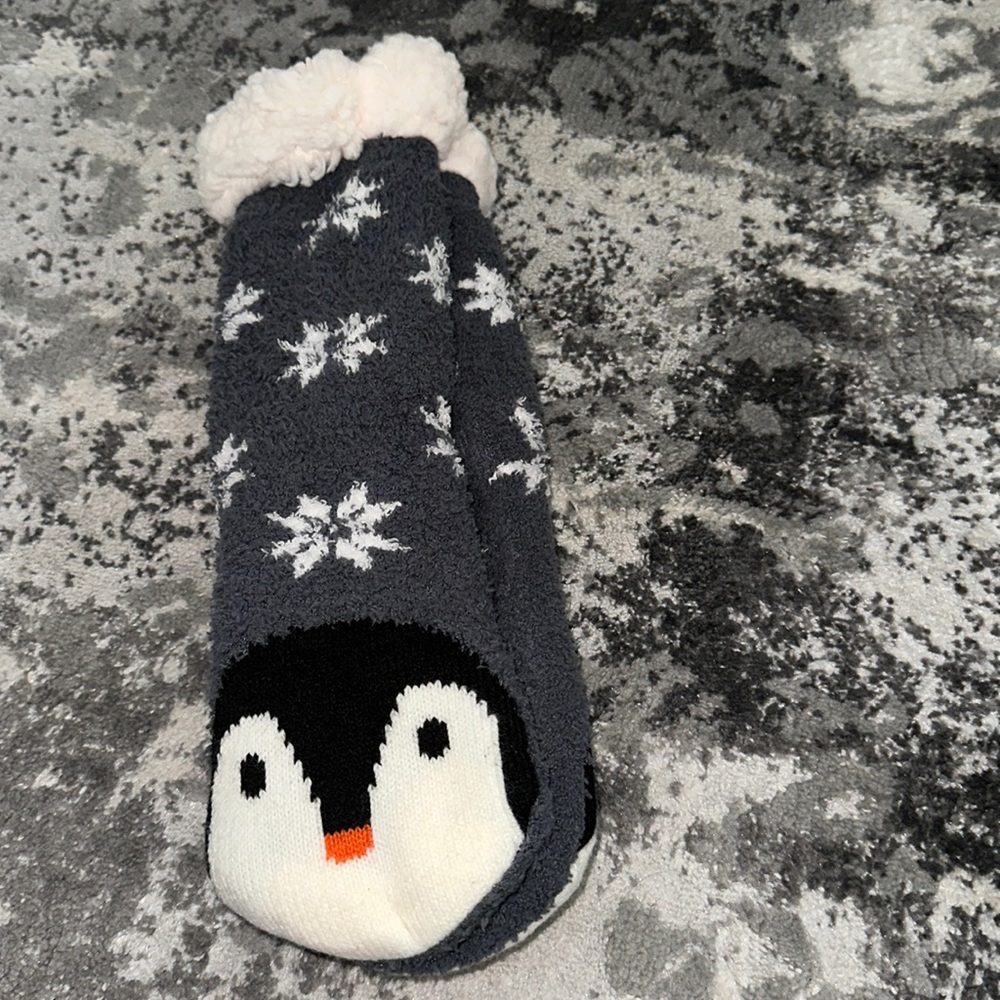 Penguin gray  fluffy bedtime slippers non slip grip at bottom